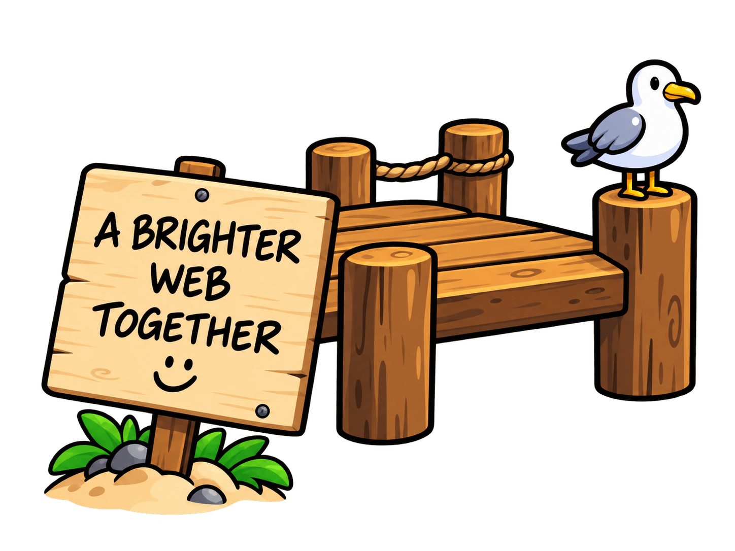 Muelle de madera con el letrero A BRIGHTER WEB TOGETHER y una gaviota