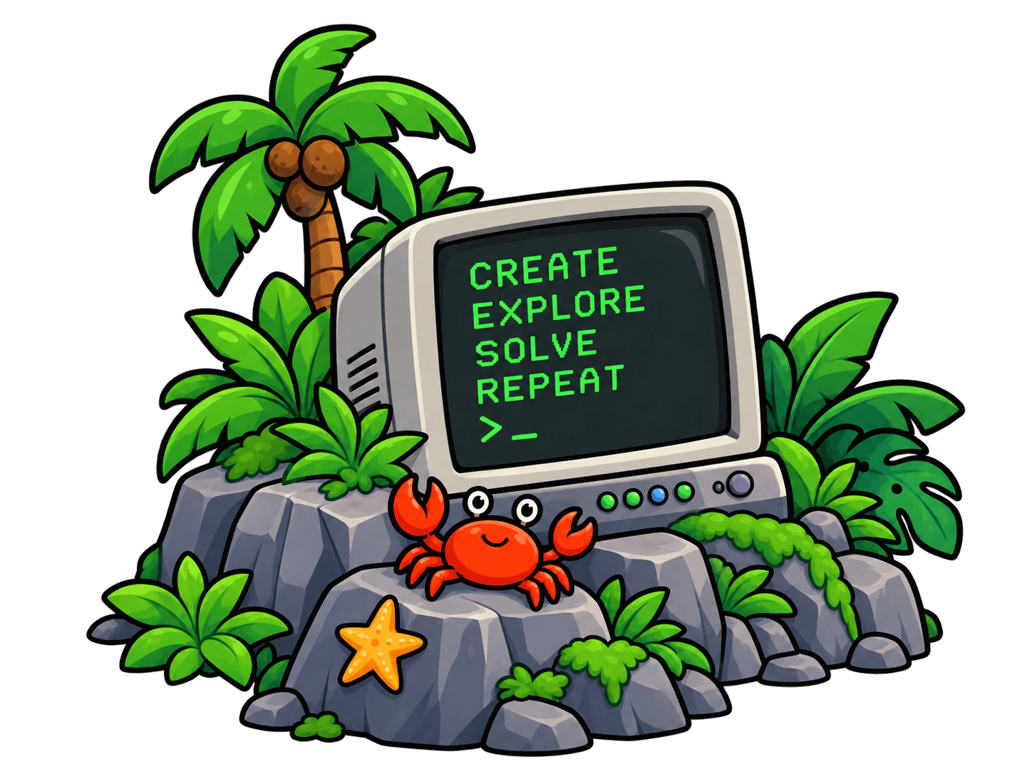 Computadora retro sobre una roca tropical con el mensaje CREATE, EXPLORE, SOLVE, REPEAT