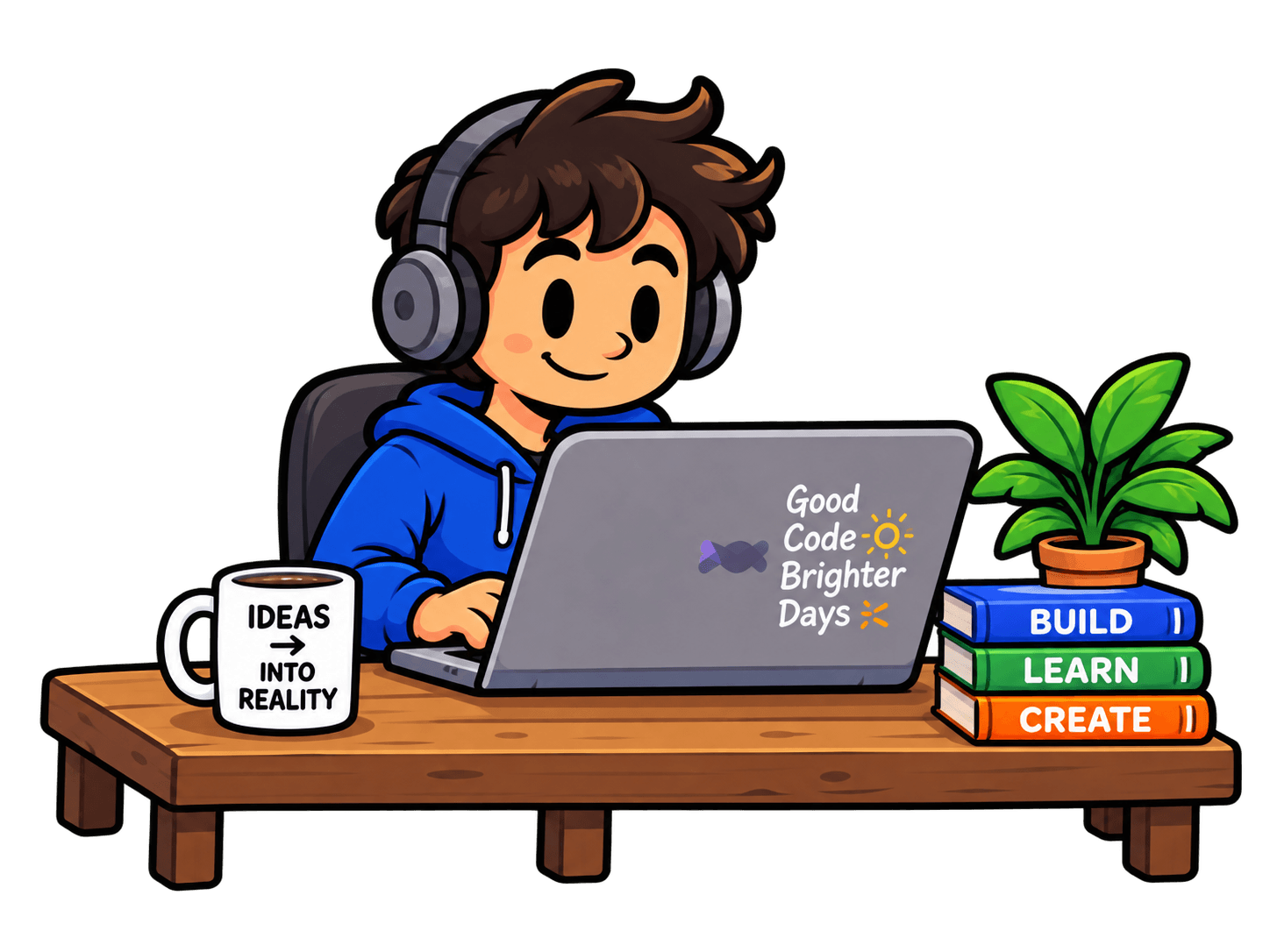 Bryan Marc trabajando en su laptop, escritorio con planta y libros de BUILD, LEARN, CREATE