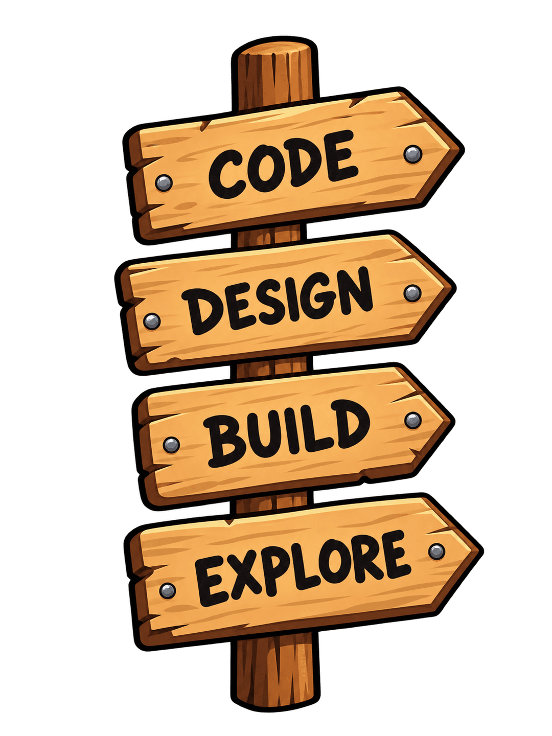 Letrero de madera con CODE, DESIGN, BUILD, EXPLORE